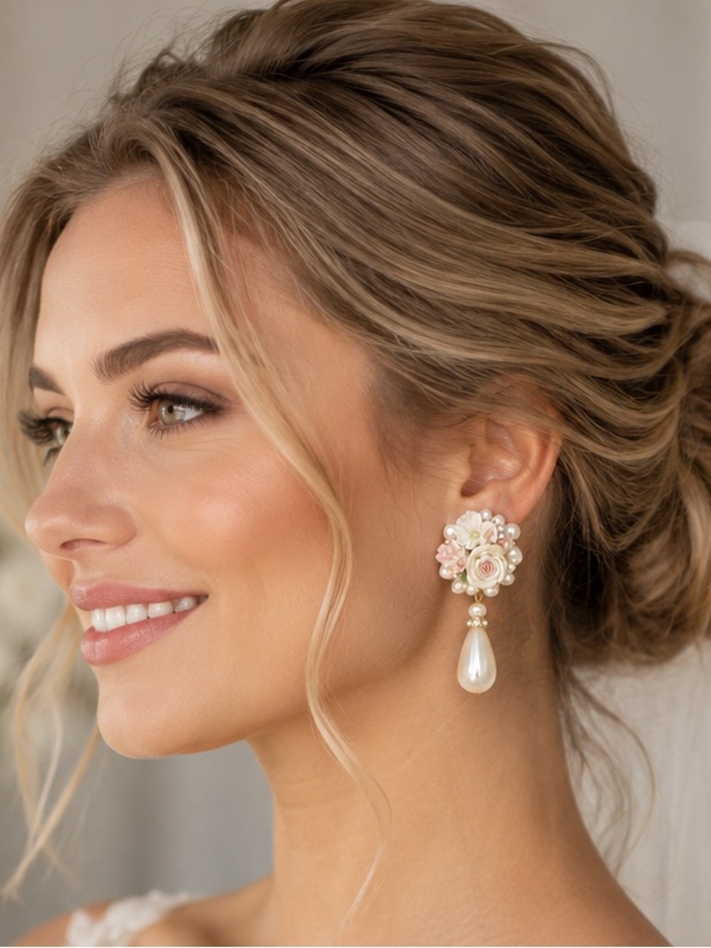 Rare Vintage 90s Bridal Floral Faux Pearl Drop Earrings